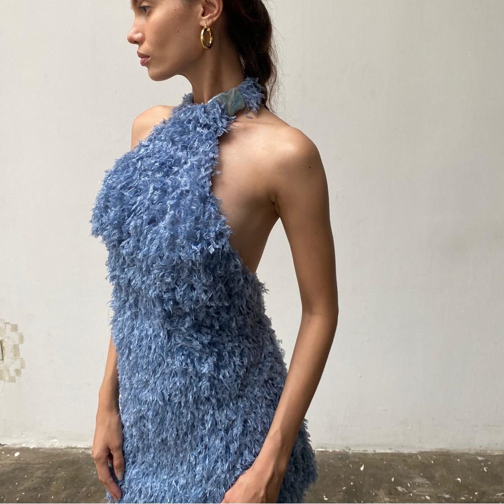 Roberta Einer Blue Halter Marble Mini Dress